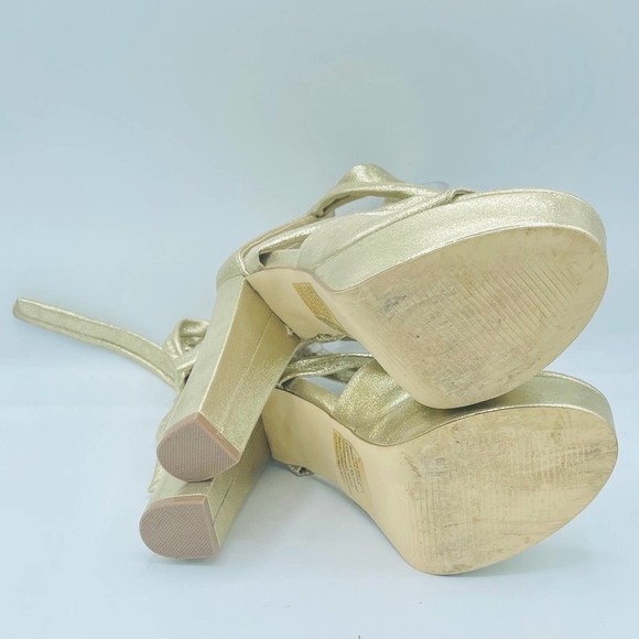 Gold Faux Leather Ankle Tie Sandal Heels Size 7 - Picture 15 of 16
